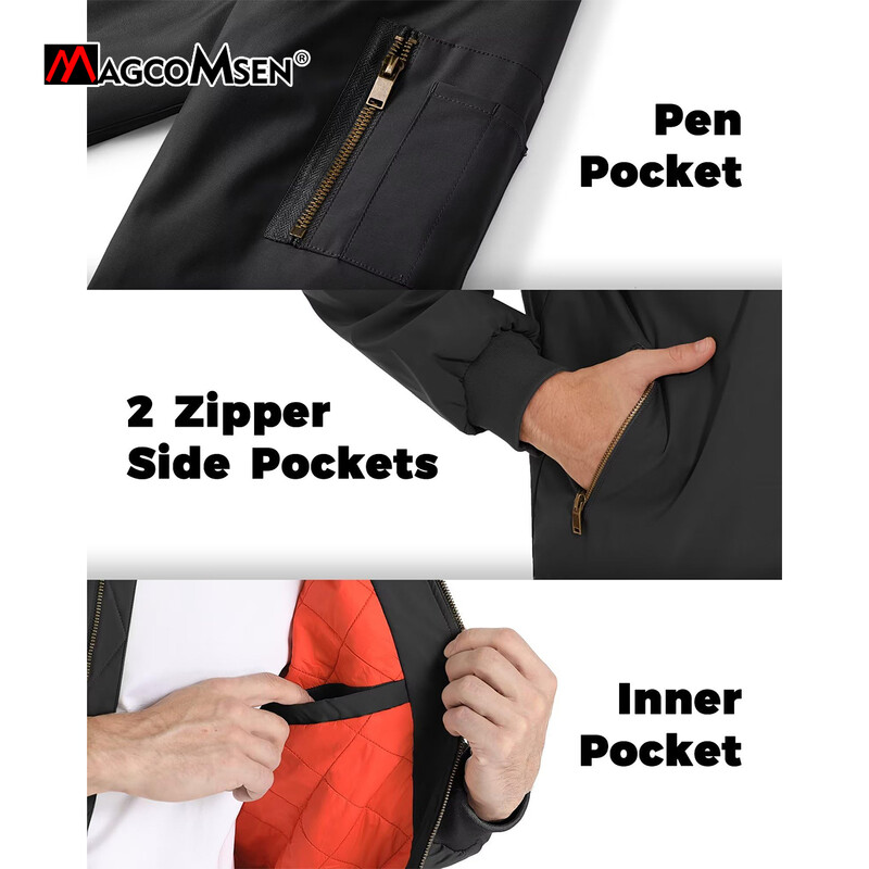 MAGCOMSEN Bomber jaka Vīriešu silts ar rāvējslēdzēju uz augšu ziemas polsterēts mētelis Ikdienas beisbola jakas Pilot Windbreaker Varsity jakas