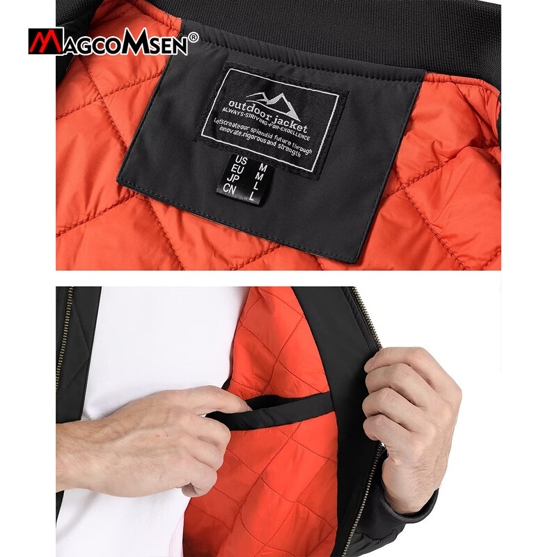 MAGCOMSEN Bomber jaka Vīriešu silts ar rāvējslēdzēju uz augšu ziemas polsterēts mētelis Ikdienas beisbola jakas Pilot Windbreaker Varsity jakas