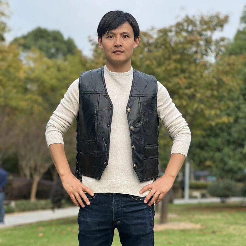 Pánska kožená vesta s výstrihom do V z roku 2024 s prešívaním, obojstranne prešívaná, ležérna motocyklová kožená vesta