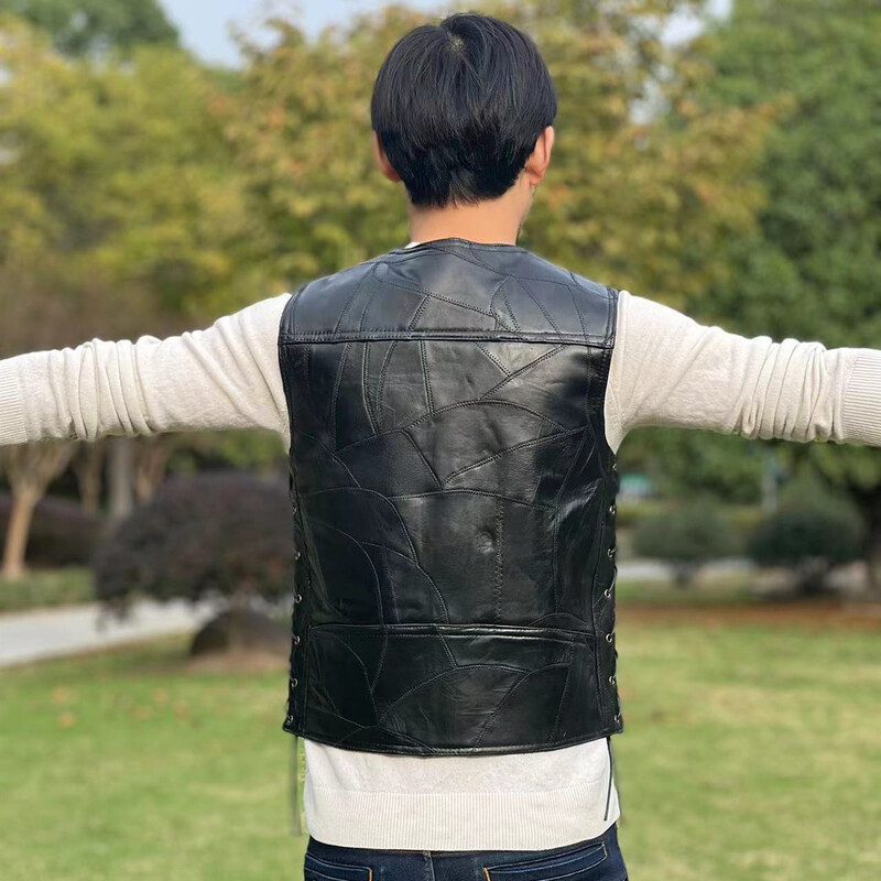 Pánska kožená vesta s výstrihom do V z roku 2024 s prešívaním, obojstranne prešívaná, ležérna motocyklová kožená vesta