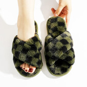 Plaids Sieviešu Čības Rudens Atvērts Purngals Plakanas Mājas Čības Modes rūtainas Krusta plīša čības Flaneļa Siltas Mājas Kokvilnas Kurpes