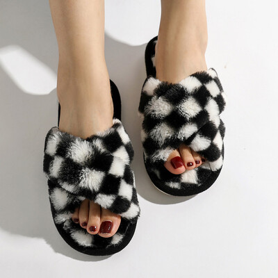 Plaids Sieviešu Čības Rudens Atvērts Purngals Plakanas Mājas Čības Modes rūtainas Krusta plīša čības Flaneļa Siltas Mājas Kokvilnas Kurpes