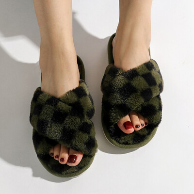 Plaids Sieviešu Čības Rudens Atvērts Purngals Plakanas Mājas Čības Modes rūtainas Krusta plīša čības Flaneļa Siltas Mājas Kokvilnas Kurpes