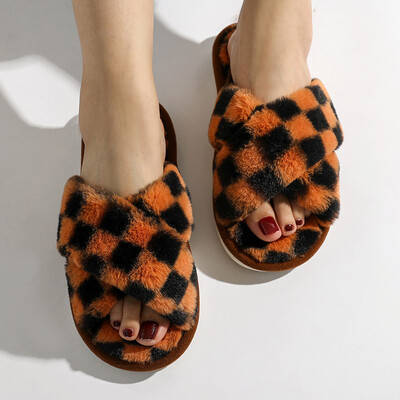 Plaids Sieviešu Čības Rudens Atvērts Purngals Plakanas Mājas Čības Modes rūtainas Krusta plīša čības Flaneļa Siltas Mājas Kokvilnas Kurpes