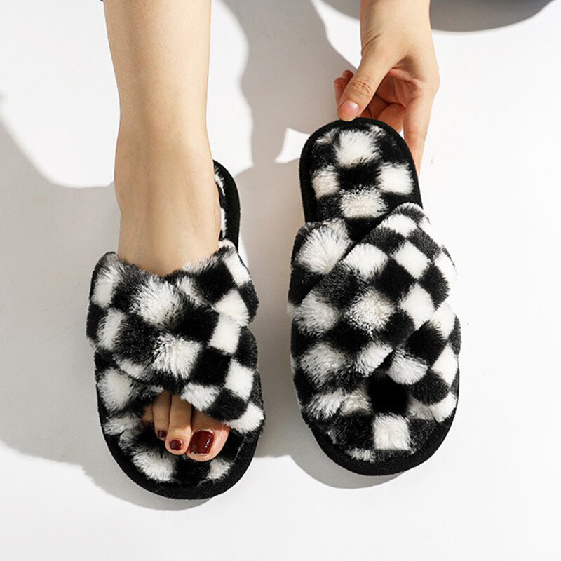 Plaids Sieviešu Čības Rudens Atvērts Purngals Plakanas Mājas Čības Modes rūtainas Krusta plīša čības Flaneļa Siltas Mājas Kokvilnas Kurpes