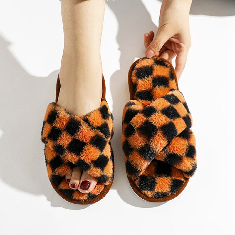 Plaids Sieviešu Čības Rudens Atvērts Purngals Plakanas Mājas Čības Modes rūtainas Krusta plīša čības Flaneļa Siltas Mājas Kokvilnas Kurpes