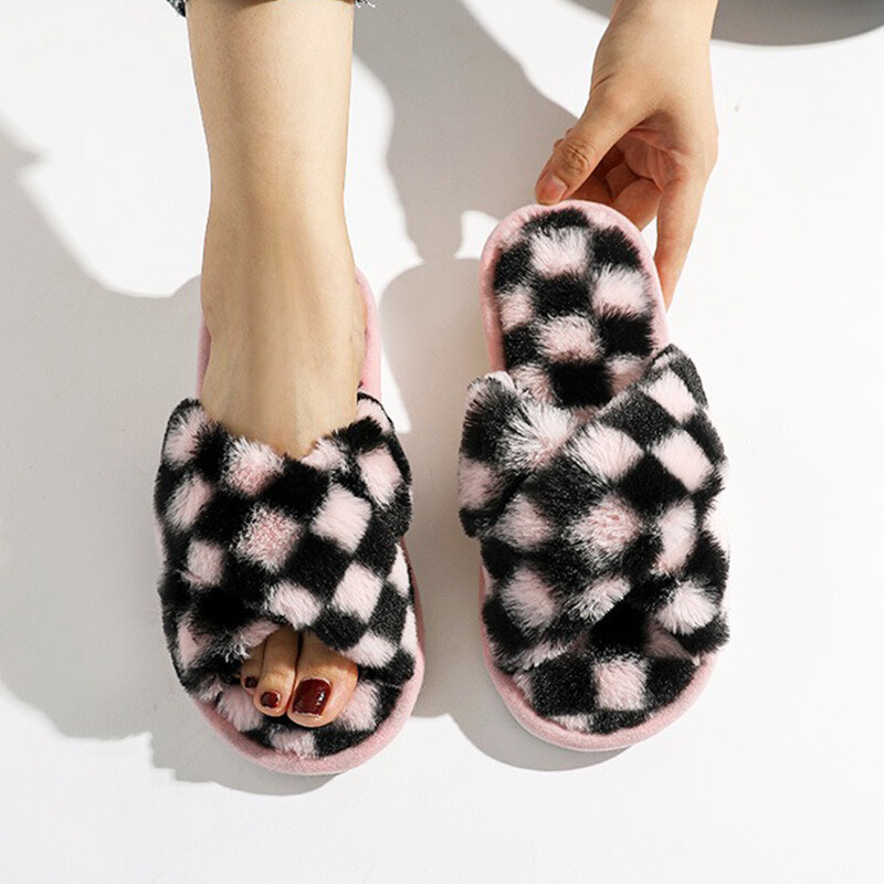 Plaids Sieviešu Čības Rudens Atvērts Purngals Plakanas Mājas Čības Modes rūtainas Krusta plīša čības Flaneļa Siltas Mājas Kokvilnas Kurpes