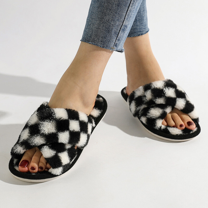 Plaids Sieviešu Čības Rudens Atvērts Purngals Plakanas Mājas Čības Modes rūtainas Krusta plīša čības Flaneļa Siltas Mājas Kokvilnas Kurpes