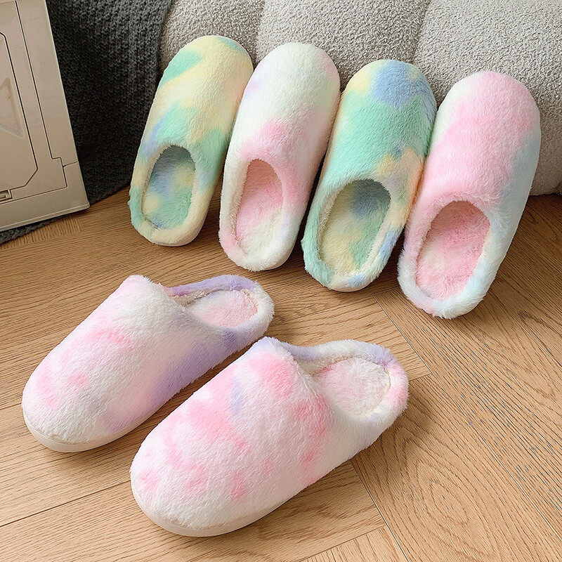 Papuci pufosi pentru dormitor, cu vopsea cravata, pentru femei, iarna, confortabili, calduroase, de pluș, pentru interior, papuci de casă pentru femei, papuci de modă, moale, moale