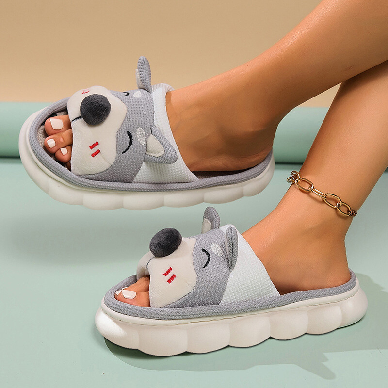 Papuci de casă pentru câini, cu desene animate, pentru femei, cu platformă, cu talpă moale, antiderapante, pentru interior, pentru femei, toamnă, iarnă, papuci de casă confortabili din in
