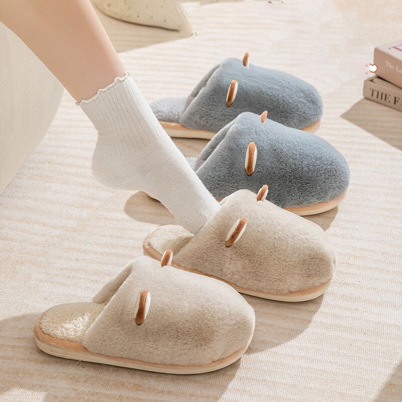 Jaunas plīša mājas čības Cute Ears plīša pāris čības vīriešiem un sievietēm siltas un neslīdošas rudens un ziemas kokvilnas čības