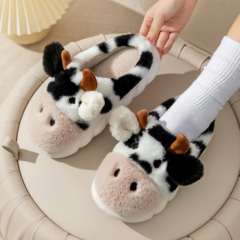 Govs čības siltas pūkainas čības neslīdošas plīša mājas čības izplūdušas siltas čības sievietēm vīriešiem ziema iekštelpās un ārā