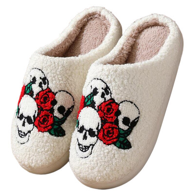 Papuci confortabili de pluș de Halloween, pentru utilizare în interior și exterior, cu craniu pufos, design cu trandafiri, anti-alunecare, căldură și stil