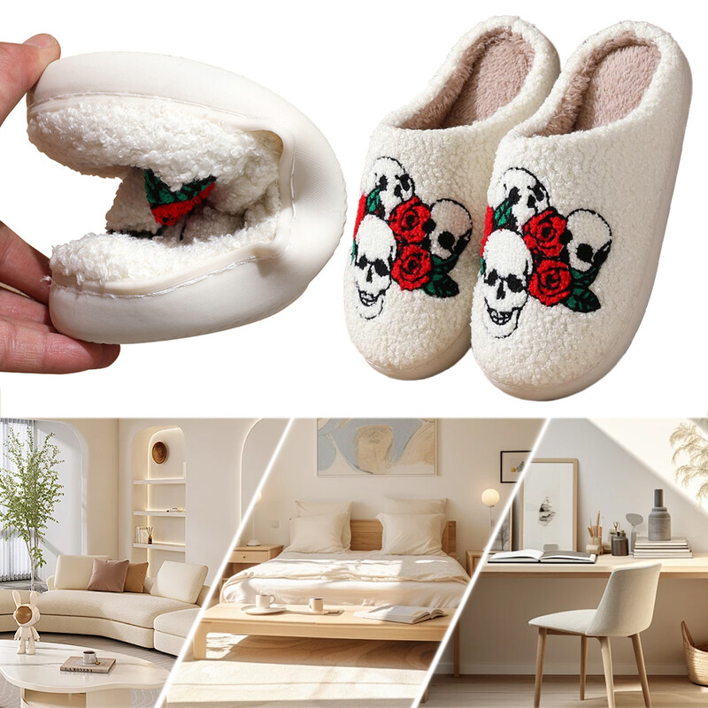 Papuci confortabili de pluș de Halloween, pentru utilizare în interior și exterior, cu craniu pufos, design cu trandafiri, anti-alunecare, căldură și stil