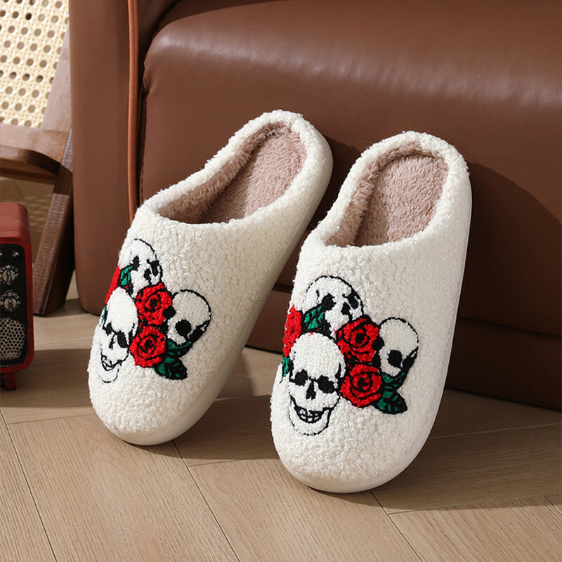 Papuci confortabili de pluș de Halloween, pentru utilizare în interior și exterior, cu craniu pufos, design cu trandafiri, anti-alunecare, căldură și stil