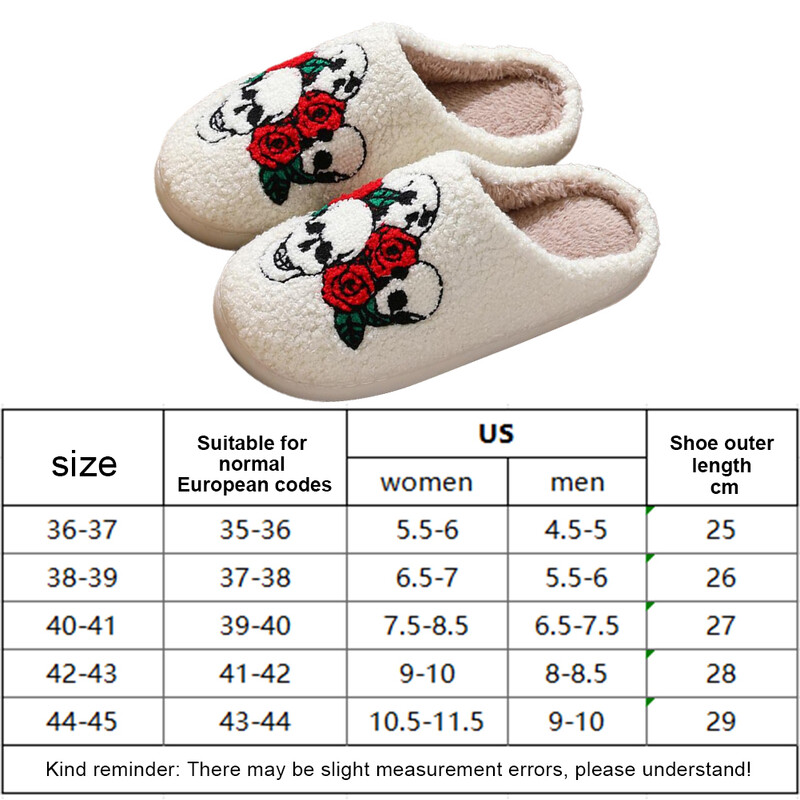 Papuci confortabili de pluș de Halloween, pentru utilizare în interior și exterior, cu craniu pufos, design cu trandafiri, anti-alunecare, căldură și stil