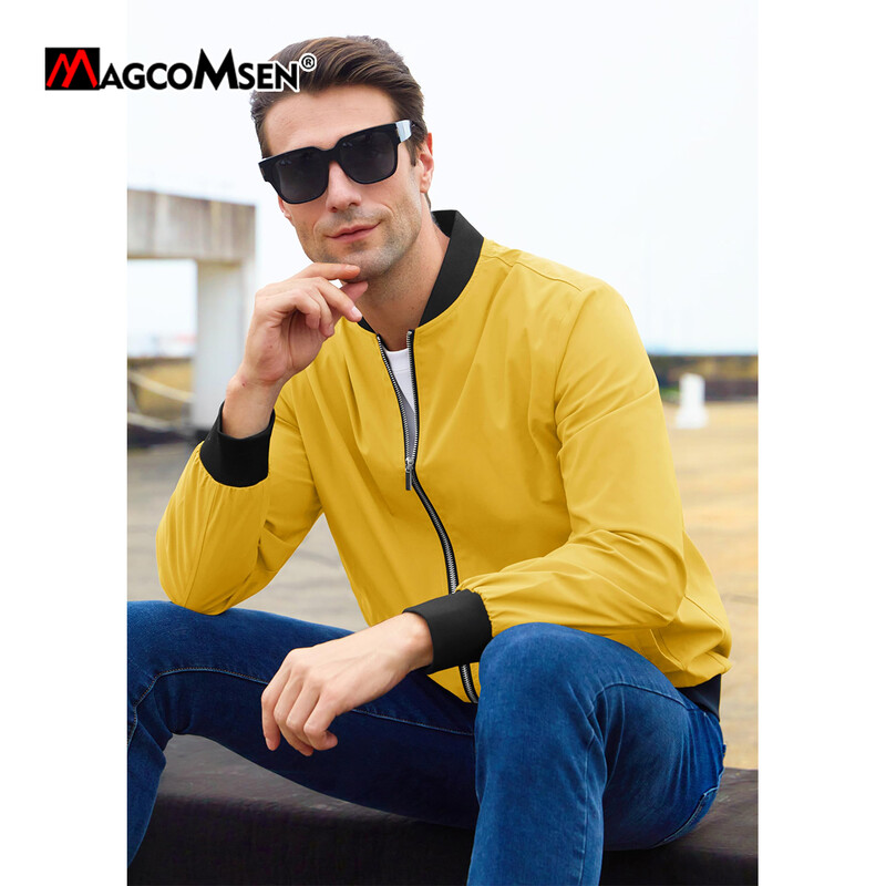 MAGCOMSEN Jachetă de aviator pentru bărbați, ușoară, cu fermoar complet, Jachete ocazionale, elegante, haină de primăvară, jachetă de călătorie.
