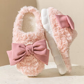 Modes Bowknot izplūdušas čības Sieviešu ziemai Ērtas, siltas mājas plīša kurpes Sieviešu biezas zoles Neslīdošas iekštelpu kažokādas čības 2024. g.