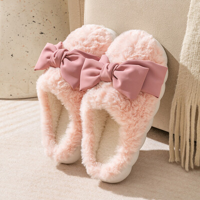 Modes Bowknot izplūdušas čības Sieviešu ziemai Ērtas, siltas mājas plīša kurpes Sieviešu biezas zoles Neslīdošas iekštelpu kažokādas čības 2024. g.