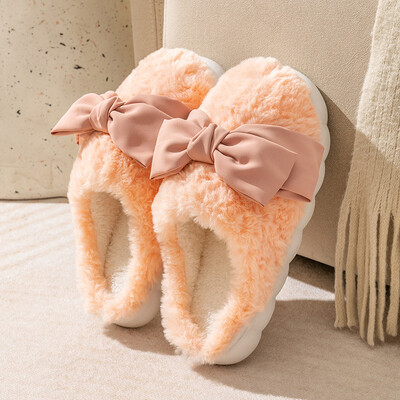 Modes Bowknot izplūdušas čības Sieviešu ziemai Ērtas, siltas mājas plīša kurpes Sieviešu biezas zoles Neslīdošas iekštelpu kažokādas čības 2024. g.