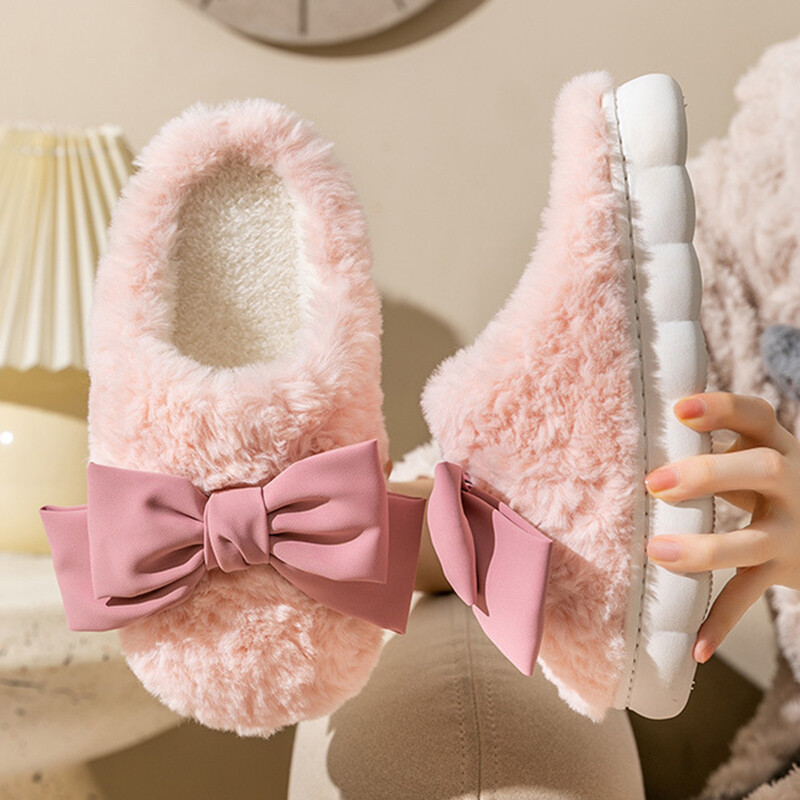 Modes Bowknot izplūdušas čības Sieviešu ziemai Ērtas, siltas mājas plīša kurpes Sieviešu biezas zoles Neslīdošas iekštelpu kažokādas čības 2024. g.