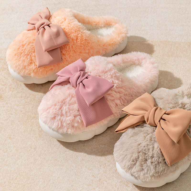 Modes Bowknot izplūdušas čības Sieviešu ziemai Ērtas, siltas mājas plīša kurpes Sieviešu biezas zoles Neslīdošas iekštelpu kažokādas čības 2024. g.