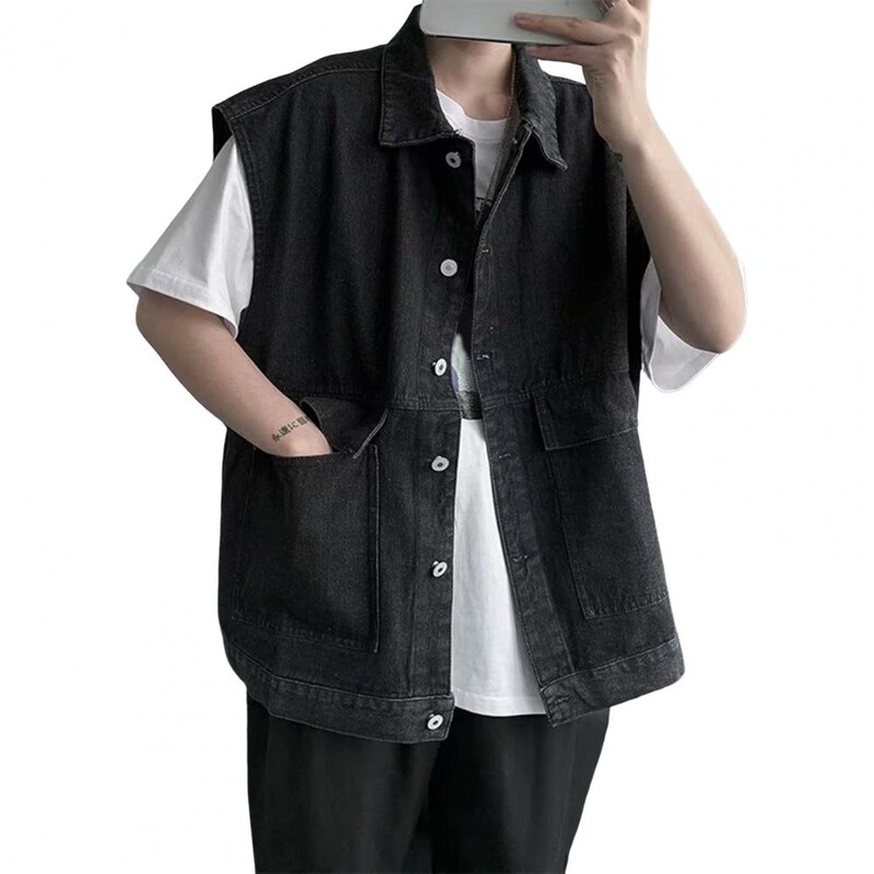 Vīriešu džinsa sporta veste Vīriešu džinsa veste bez piedurknēm ar lielām kabatām, izgrieztām caurumiem, vienrindas dizains ikdienas vasaras stilam