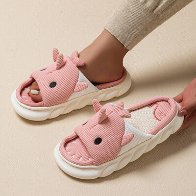 Jaukas multfilmas haizivju lina čības sievietēm 2024. gada ziemas biezā apakšā mājas kokvilnas čības sievietēm, neslīdošas iekštelpu apavu slaidi