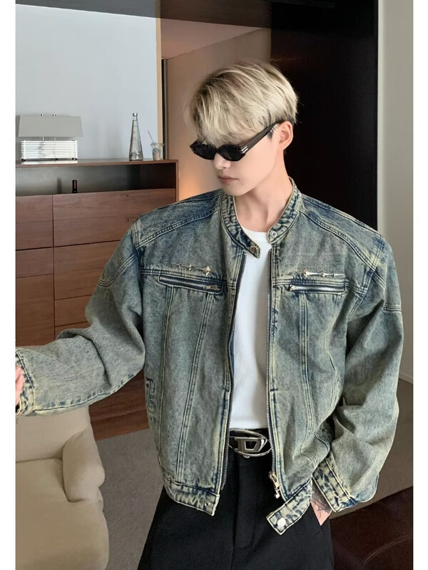 Vīriešu džinsu jakas Amerikāņu stila High Street Rāvējslēdzēji Mētelis Vintage Izmazgāts Distressed Cowboy Jaka Pavasara ikdienas ielas apģērbs Jauns