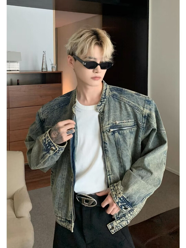 Vīriešu džinsu jakas Amerikāņu stila High Street Rāvējslēdzēji Mētelis Vintage Izmazgāts Distressed Cowboy Jaka Pavasara ikdienas ielas apģērbs Jauns