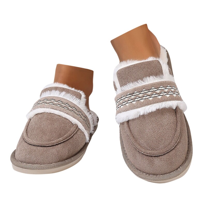 Papuci cu căptușeală din shearling, pentru femei, cu vârf închis, tobogane calde de pluș, pentru femei, în aer liber, pentru interior, cu detalii de broderie