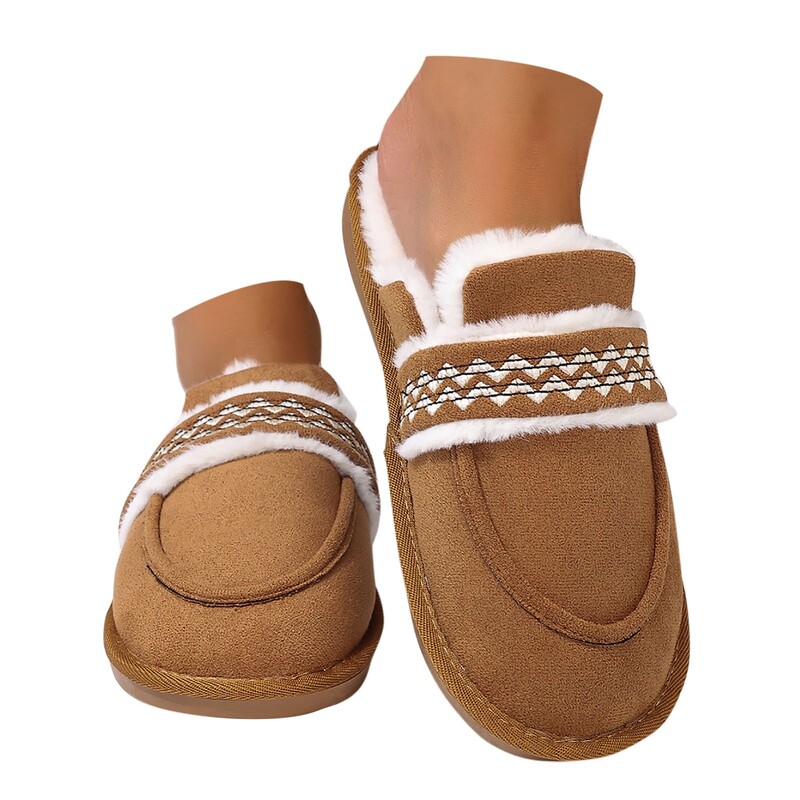 Papuci cu căptușeală din shearling, pentru femei, cu vârf închis, tobogane calde de pluș, pentru femei, în aer liber, pentru interior, cu detalii de broderie