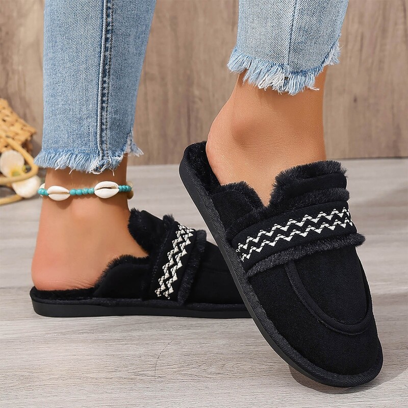 Papuci cu căptușeală din shearling, pentru femei, cu vârf închis, tobogane calde de pluș, pentru femei, în aer liber, pentru interior, cu detalii de broderie