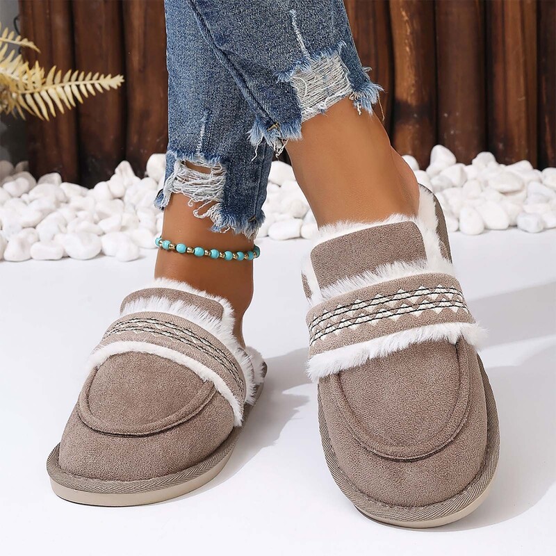 Papuci cu căptușeală din shearling, pentru femei, cu vârf închis, tobogane calde de pluș, pentru femei, în aer liber, pentru interior, cu detalii de broderie
