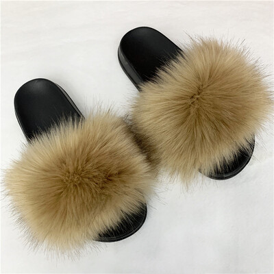 Sieviešu seksīgas mākslīgās kažokādas čības Plīša pūkainas pūkainas čības āra iekštelpu apavi ar plakanu platformu Sieviešu ikdienišķas čības Sieviešu slidkalniņi