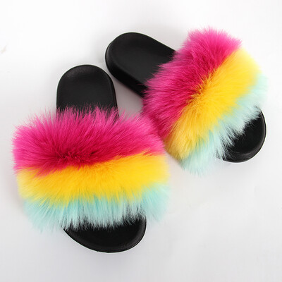 Sieviešu seksīgas mākslīgās kažokādas čības Plīša pūkainas pūkainas čības āra iekštelpu apavi ar plakanu platformu Sieviešu ikdienišķas čības Sieviešu slidkalniņi