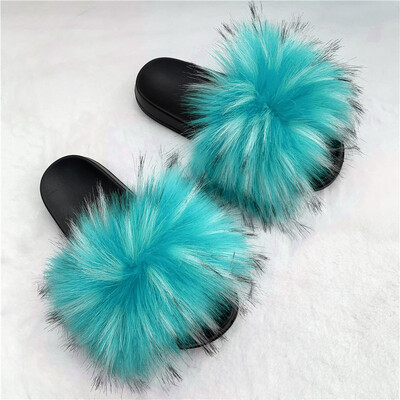 Sieviešu seksīgas mākslīgās kažokādas čības Plīša pūkainas pūkainas čības āra iekštelpu apavi ar plakanu platformu Sieviešu ikdienišķas čības Sieviešu slidkalniņi