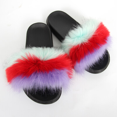 Sieviešu seksīgas mākslīgās kažokādas čības Plīša pūkainas pūkainas čības āra iekštelpu apavi ar plakanu platformu Sieviešu ikdienišķas čības Sieviešu slidkalniņi