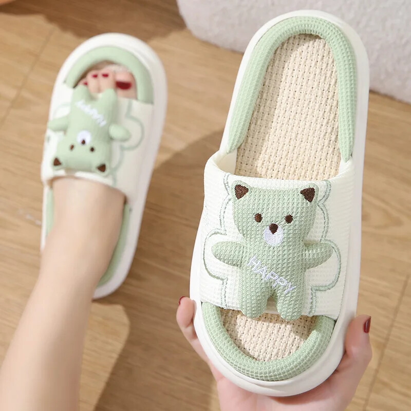 Papuci din bumbac și in Pantofi anti-alunecare pentru femei Noi papuci de in pentru acasă, unisex, cu desene animate, pentru interior