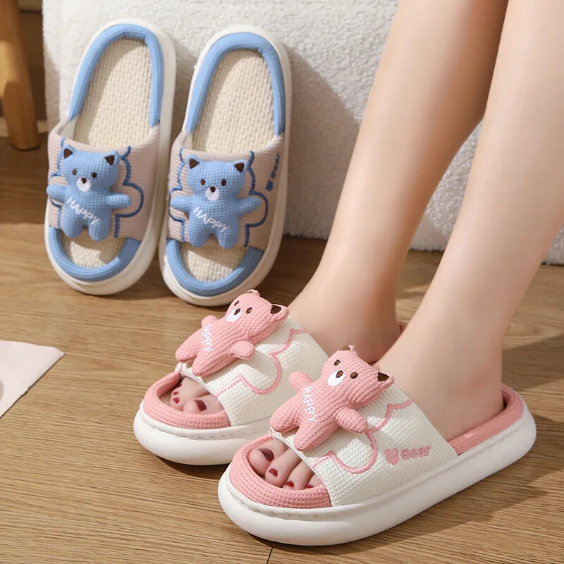 Papuci din bumbac și in Pantofi anti-alunecare pentru femei Noi papuci de in pentru acasă, unisex, cu desene animate, pentru interior