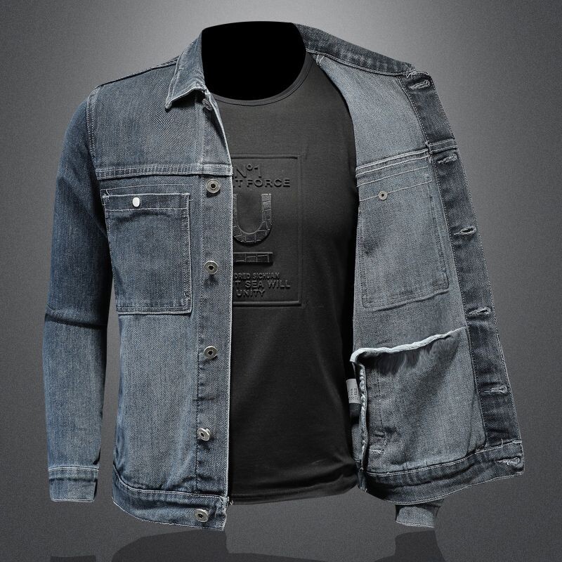 Nova muška traper jakna Modna ulična trendi široka ležerna muška odjeća Ulična zgodna muška motociklistička jakna na rever