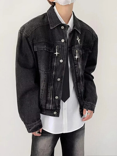 Τζιν μπουφάν βαρέως τύπου πλυσίματος μεταλλικό φερμουάρ Σχέδιο Sensible Top Autumn Vintage Distressed Trendy Casual Cropped Jacket