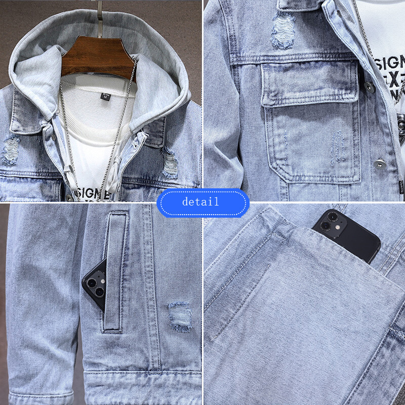 Jachetă de blugi cu glugă, detașabilă, ocazională, pentru bărbați, toamna 2023, stil nou, Jachetă albastră de blugi pentru bărbați, la modă înaltă