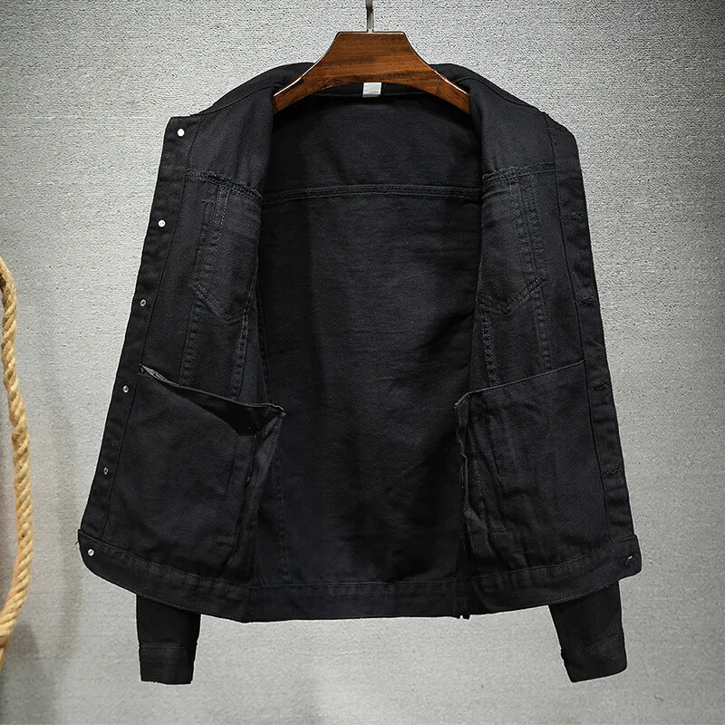 2023. gada pavasaris, jauna vīriešu džinsu jaka Eiropas vienkāršā melnā jaka Modes Quick Explosion Pure Black džinsa jaka vīriešiem