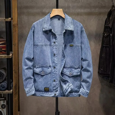 2024. gada jauna džinsu jaka, vīriešu brīva piegriezuma gadījuma daudzpusīga jaka, vintage darba apģērba apģērba tops rudens ziemai