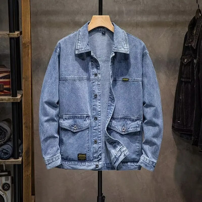 2024. gada jauna džinsu jaka, vīriešu brīva piegriezuma gadījuma daudzpusīga jaka, vintage darba apģērba apģērba tops rudens ziemai