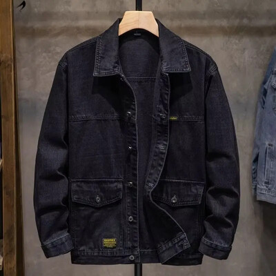 2024. gada jauna džinsu jaka, vīriešu brīva piegriezuma gadījuma daudzpusīga jaka, vintage darba apģērba apģērba tops rudens ziemai