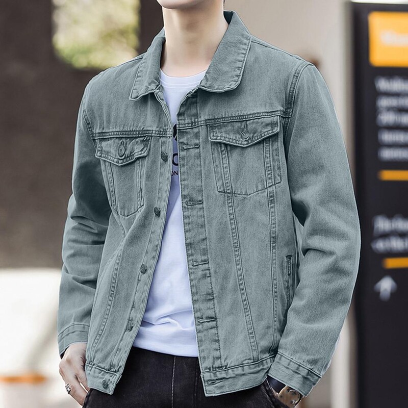 Harajuku vīriešu džinsa jaka atloks ar garām piedurknēm, vairākas kabatas ikdienas jakas Vintage vīriešu džinsa mētelis vīriešu džinsu jakas ielas apģērbs