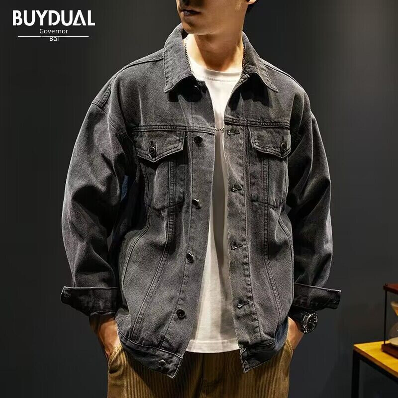 Jachetă de toamnă pentru bărbați, stil coreean, slim fit, la modă, uniformă de baseball, jachetă gri din denim, îmbrăcăminte de lungime normală