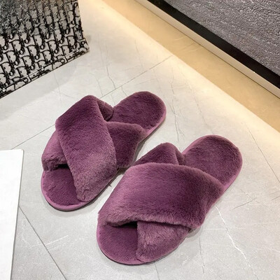 Ženske zimske zatvorene plišane papuče ravnog dna s križnim remenom Tople pamučne papuče Meka obuća za kućnu upotrebu